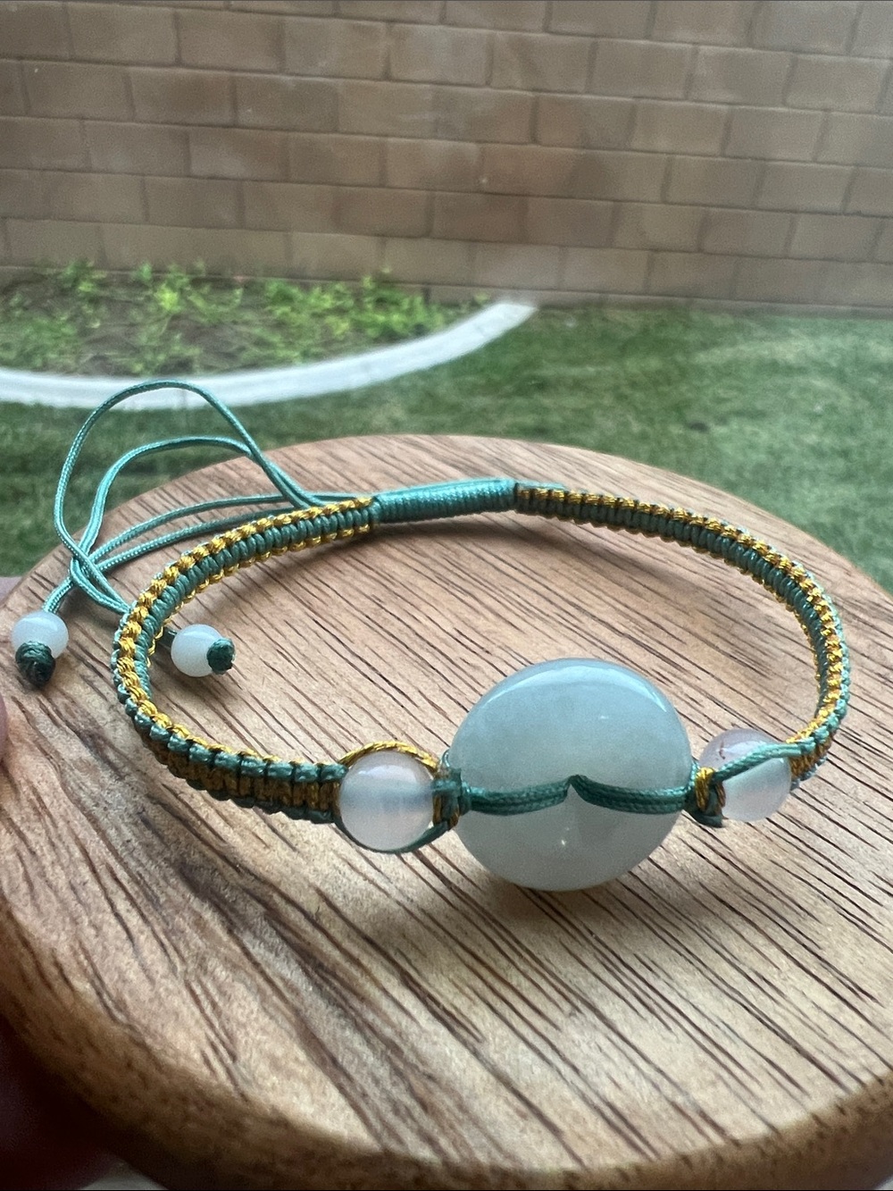 Adjustable authentic Teal Green Jadeite Jade Bead Macramé Bracelet